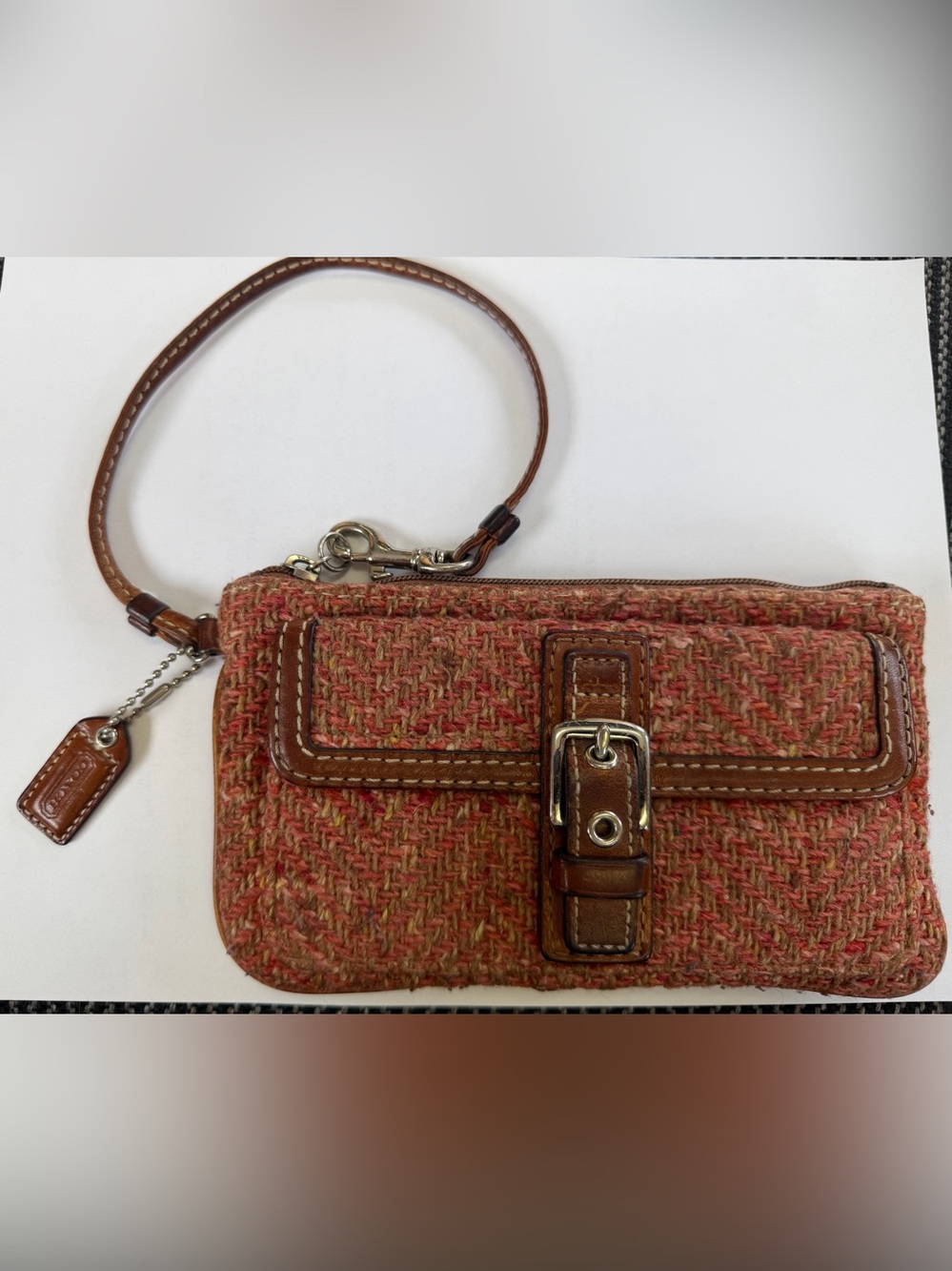 Vintage Coach Herringbone Tweed & Leather Wristlet Clutch